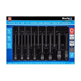 1595-89.jpg BLUE SPOT TOOLS 15 PCE 1/4" 3/8" 1/2" EXTRA LONG IMPACT TORX BIT SOCKETS